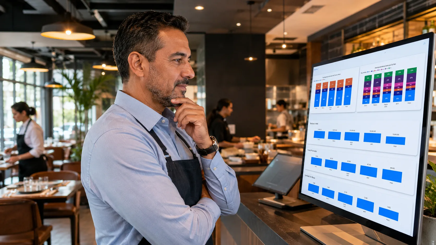 Dueño de restaurante revisando los indicadores de su cadena en el dashboard de Savvy