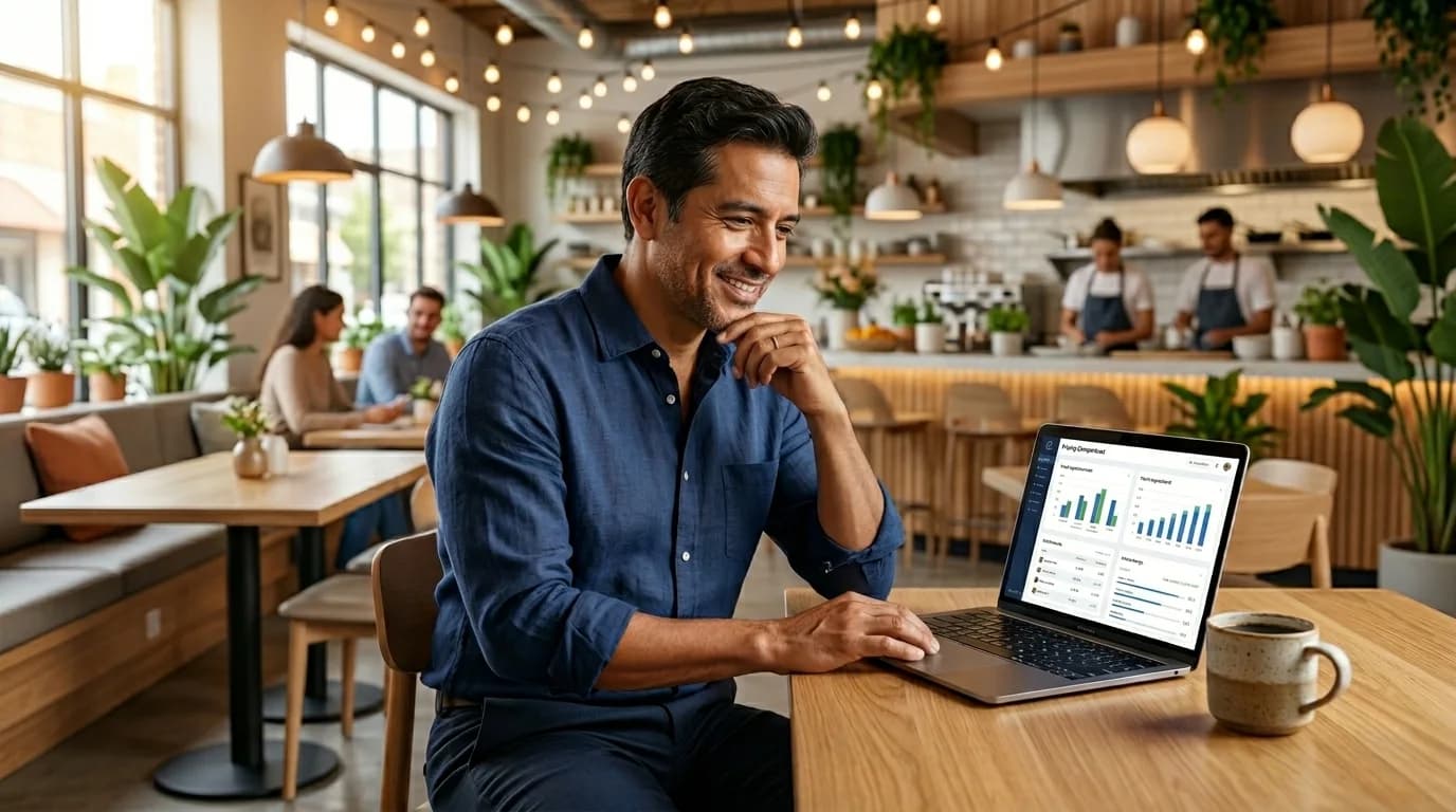 Dueño de cafetería revisando con tranquilidad el crecimiento de sus ventas en Savvy